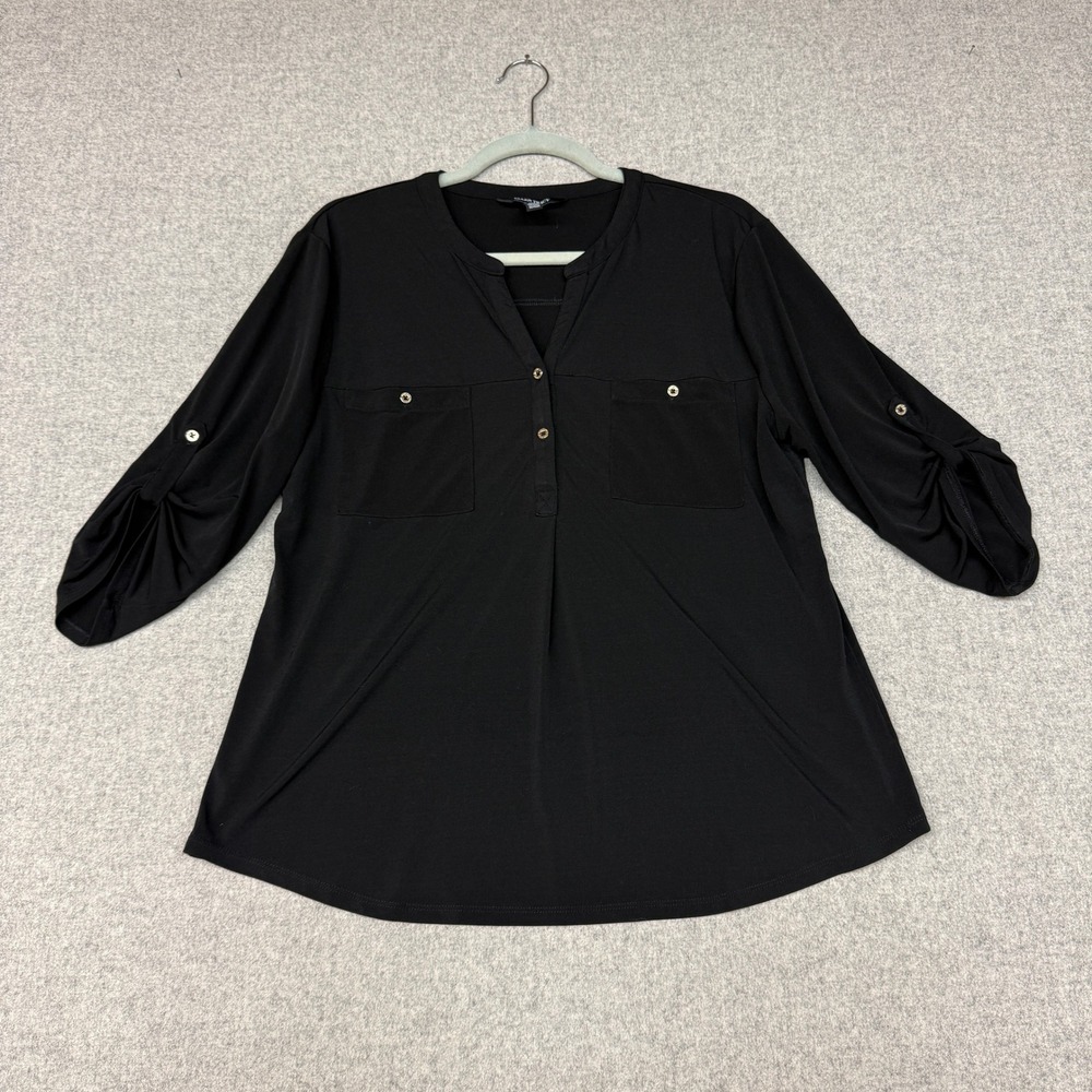 Ellen Tracy Blouse Size Large Black Roll Tab Sleeve Henley V-Neck Chest Pockets
